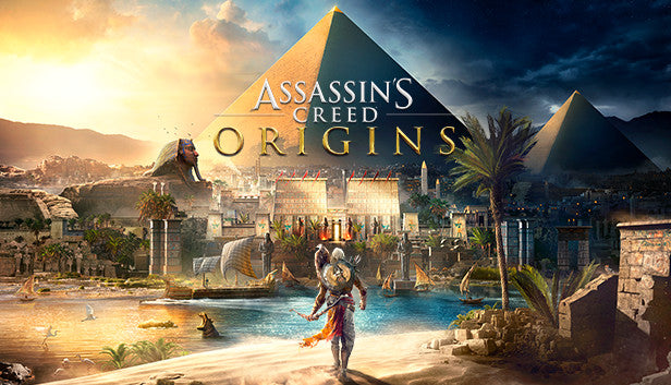 Assassin's Creed Origins 2023 video game case with artwork, displayed on a plain background.