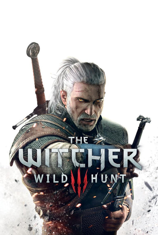 Detailed image of The Witcher 3: Wild Hunt game cover art with vibrant fantasy artwork and character illustrations.