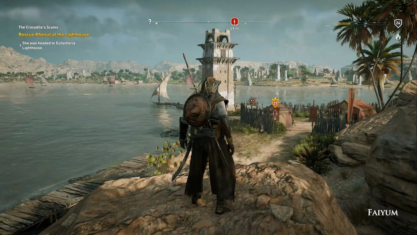 Assassin's Creed Origins 2023 game cover featuring ancient Egyptian scenery and characters, displayed on a dark background.